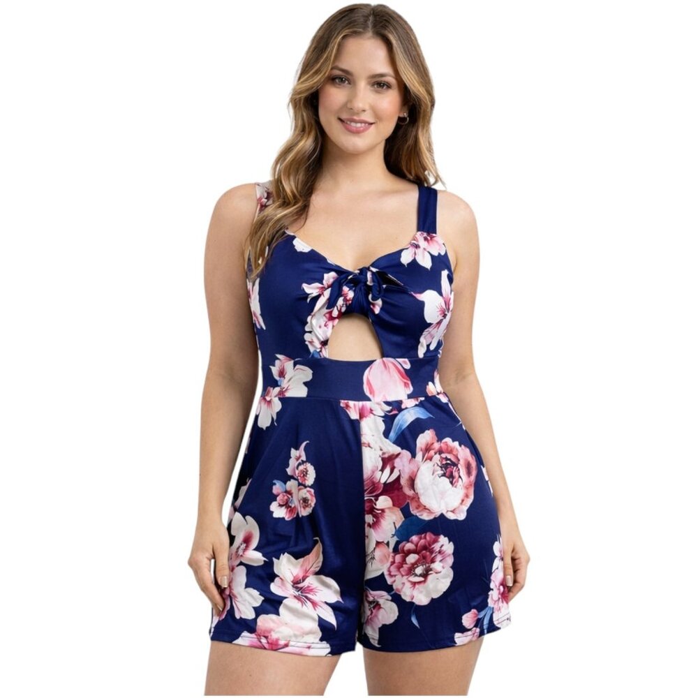 Wide Waist Band Floral Romper Playsuit | Tie Front Keyhole | Wide Straps (M, XL)